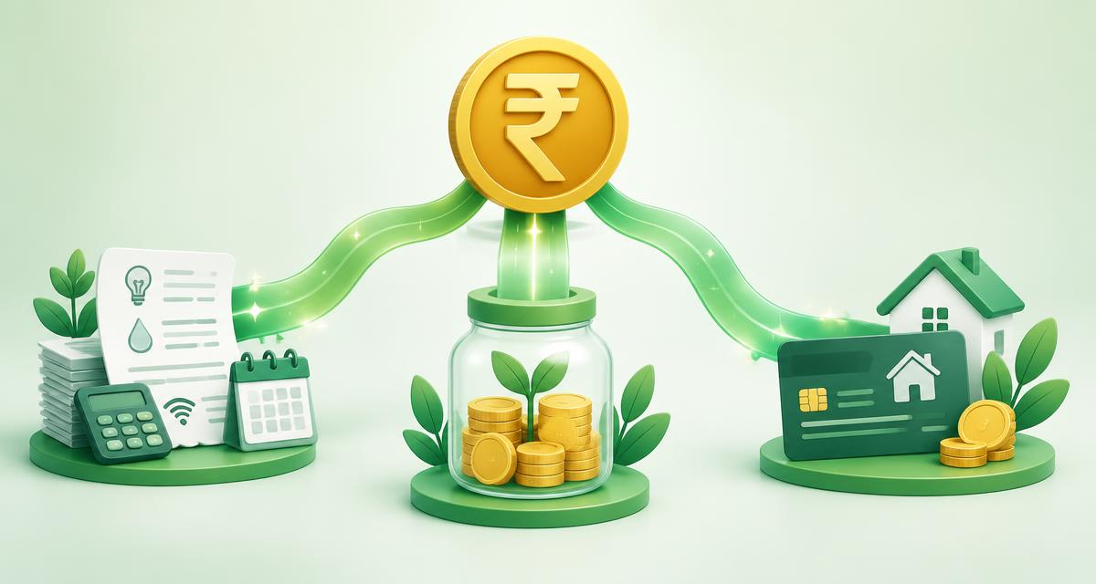 A rupee coin splitting into streams for bills, savings and a loan