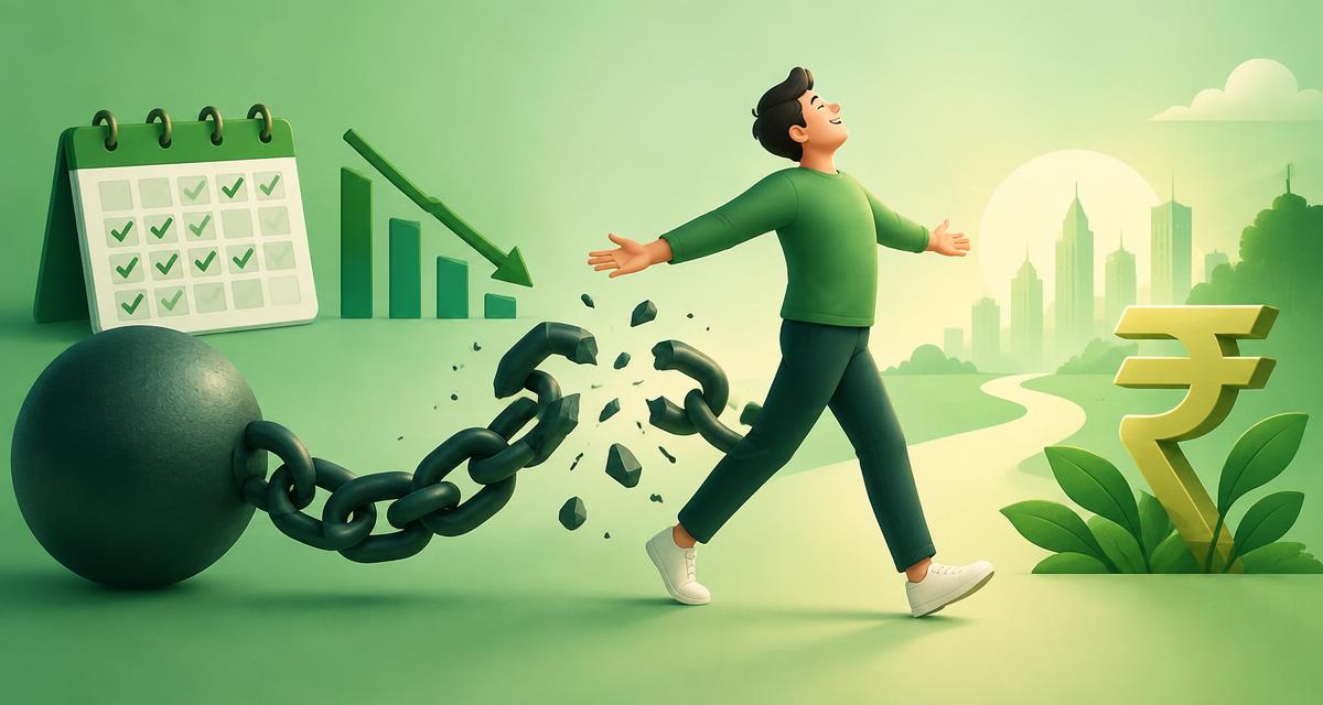 A person walking free from a broken chain beside a falling balance chart